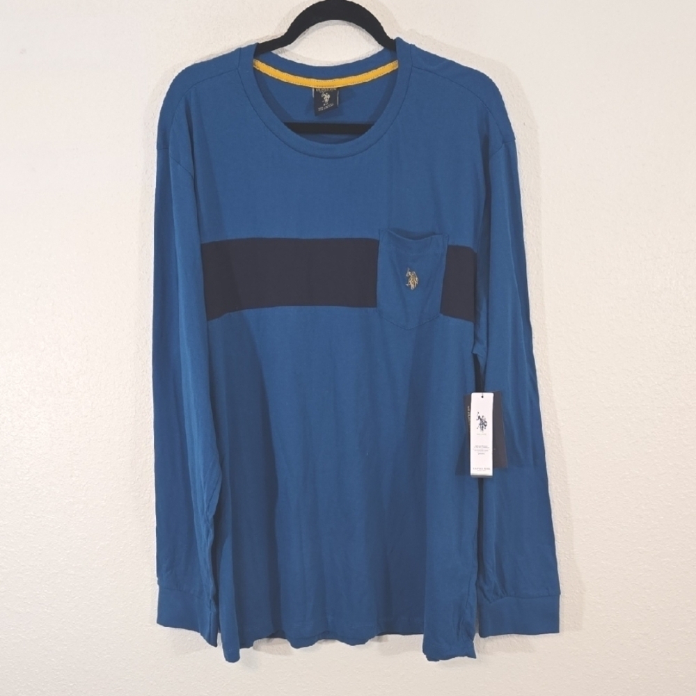 U.S. Polo Assn. Blue Long Sleeve Shirt Yellow Logo Preppy Collegiate, size XXL